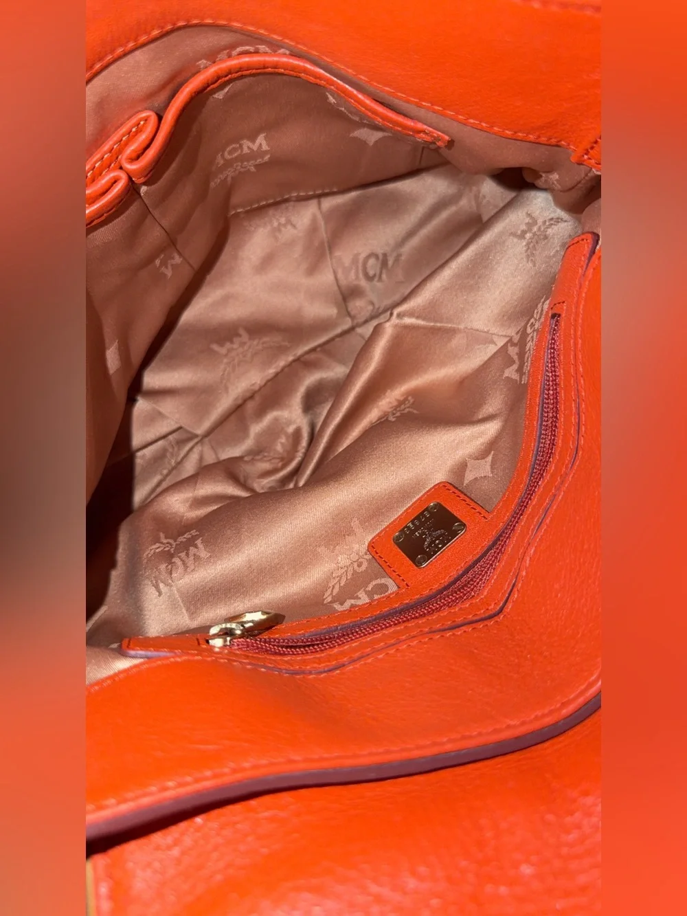 MCM Orange Pebbled Leather Shoulder Bag with Gold Logo